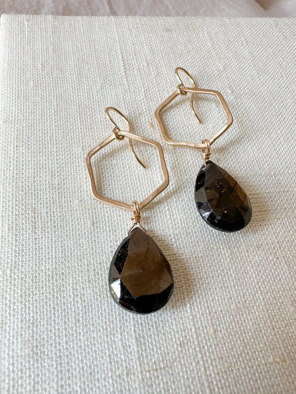 E2306 - 14k yellow gold filled hexagon with brown sapphire drop earrings