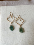 E2312 - yellow gf square hoop earrings with emerald slice stone