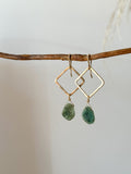 E2312 - yellow gf square hoop earrings with emerald slice stone