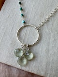 N2305 - ss green quartz and turquoise asymmetrical necklace