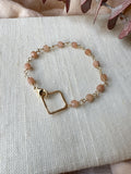 B2303 - gf forged square link with faceted cube shape peach moonstone bracelet